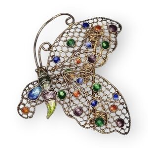 Art Deco Butterfly Brooch Sterling Silver Gold Plate Enamel Mesh Filigree Vtg 1"
